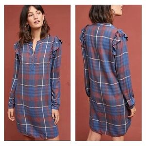 Anthropologie Cloth & Stone Large Shirt Dress Plaid Ruffle Shoulder Long Sleeve